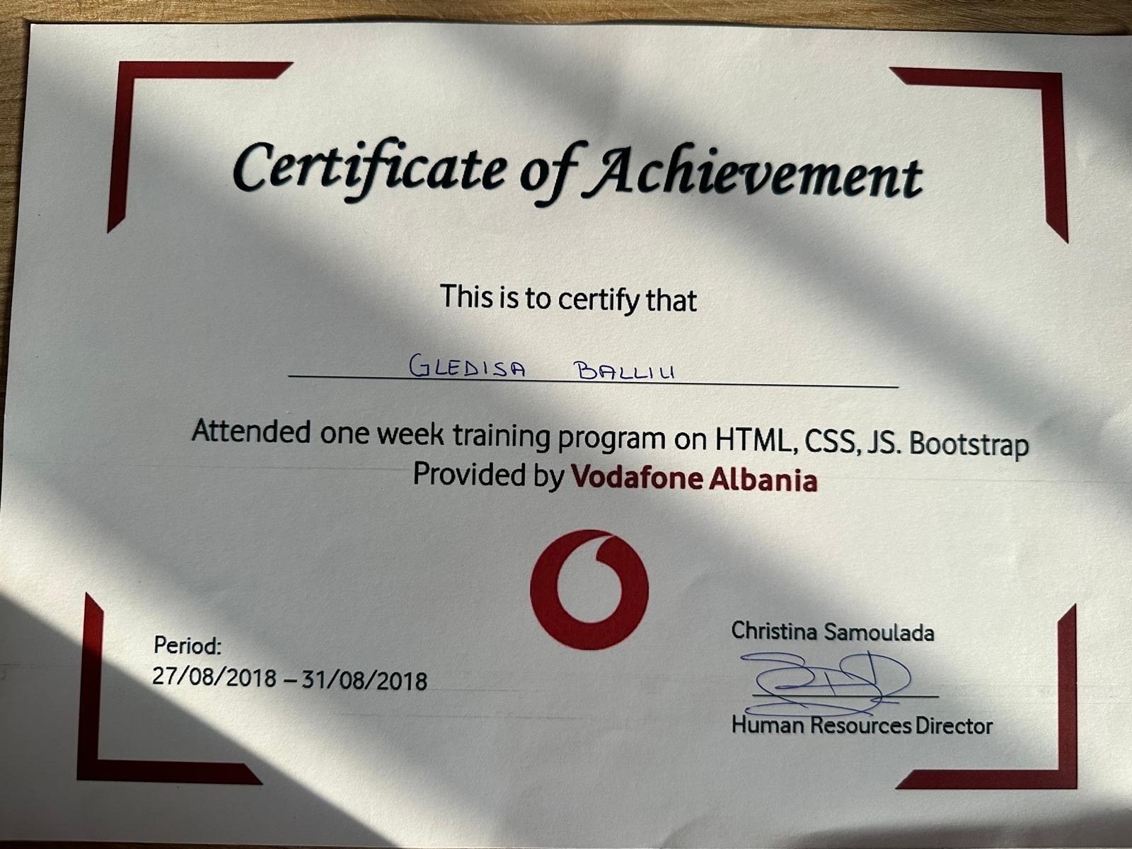 Vodafone #CodeLikeAGirl certificate