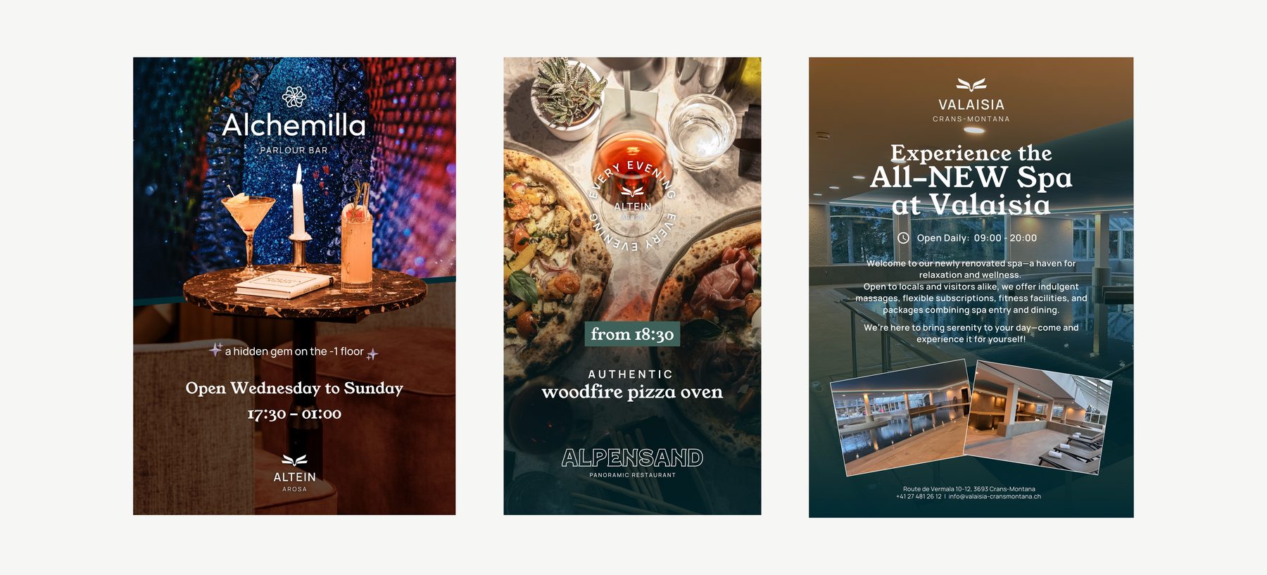 Alchemilla Parlour Bar, Alpensand Panoramic Restaurant, and Valaisia spa signage