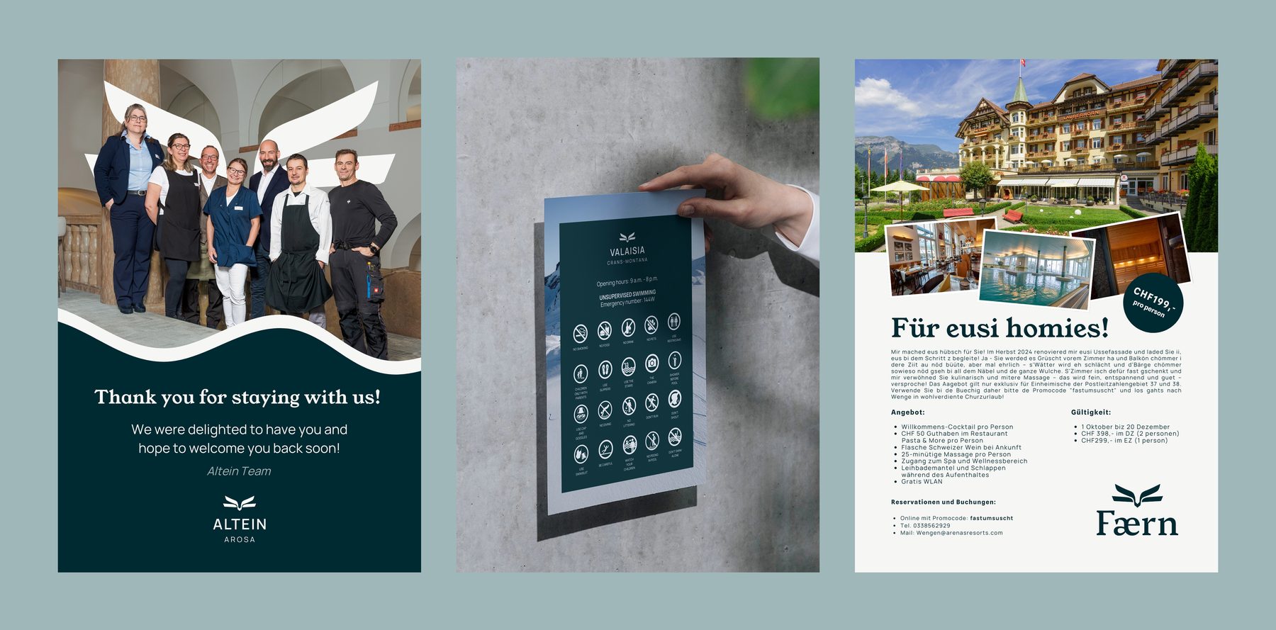 Altein thank-you card, Valaisia door hanger, and Wengen local-offer flyer