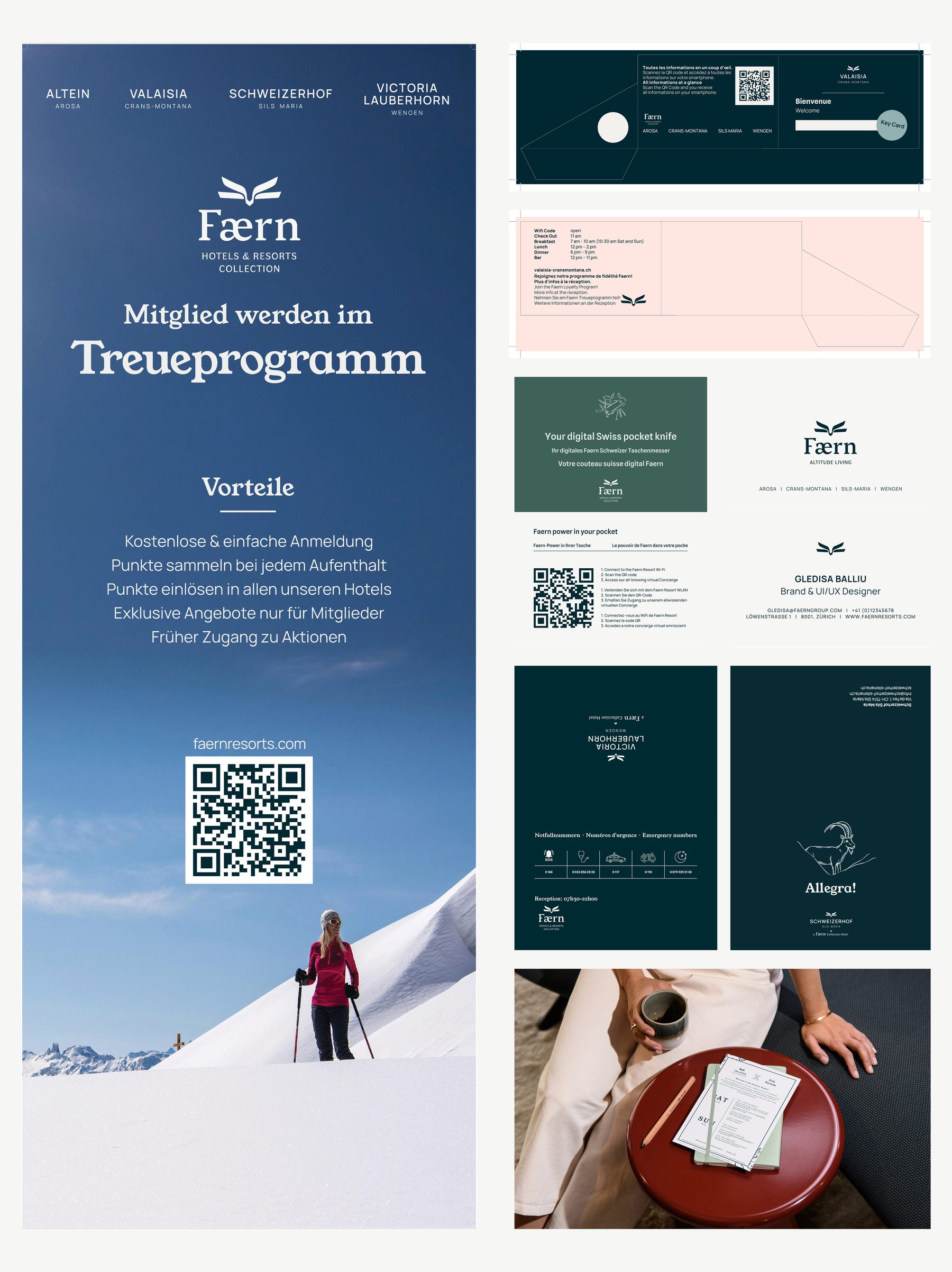 German-language loyalty programme flyer, digital Swiss pocket knife concierge card, business card, and Allegra key cards for Victoria Lauberhorn and Schweizerhof