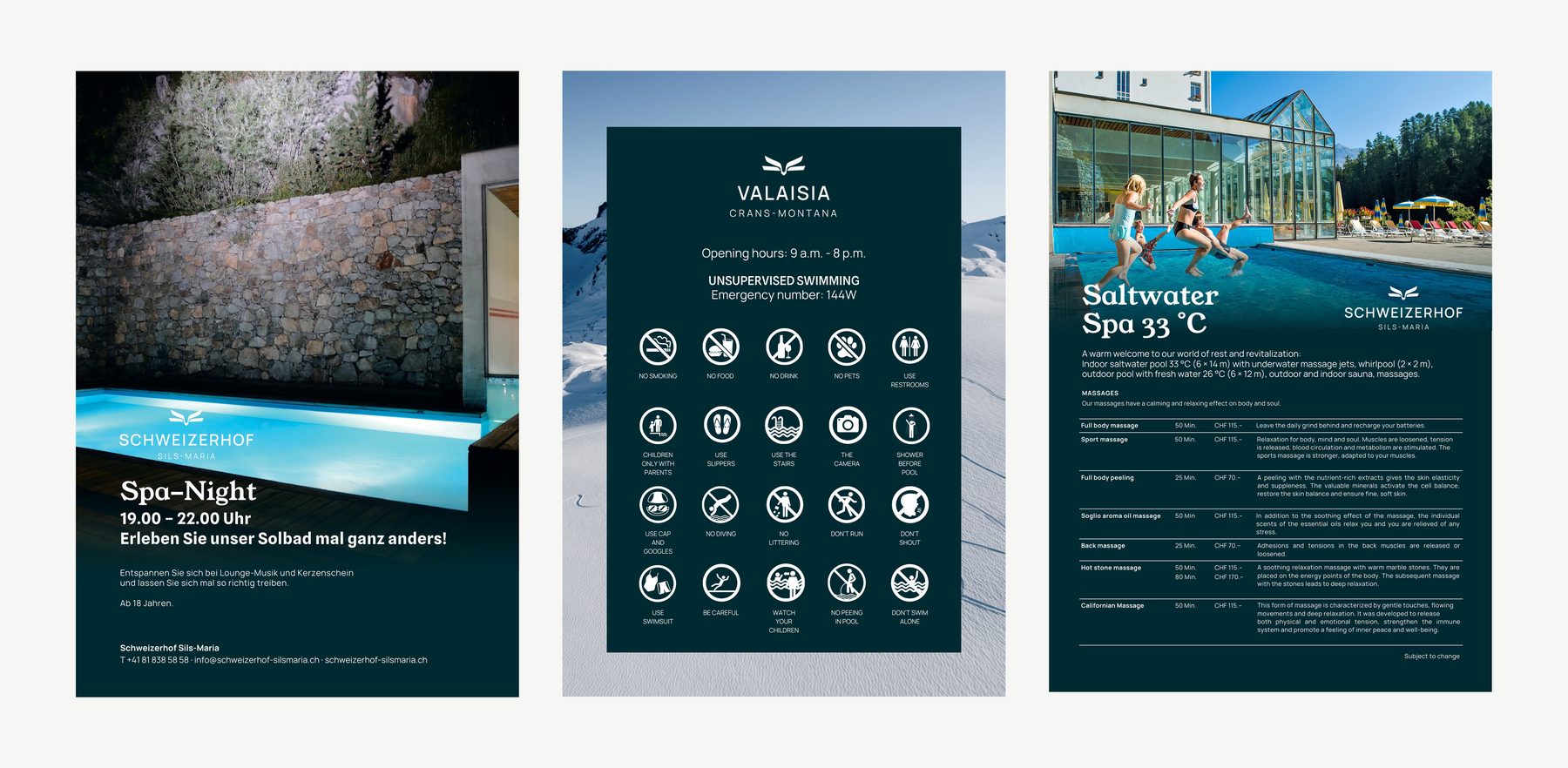 Schweizerhof Spa-Night poster, Valaisia pool rules signage, and Saltwater Spa info sheet