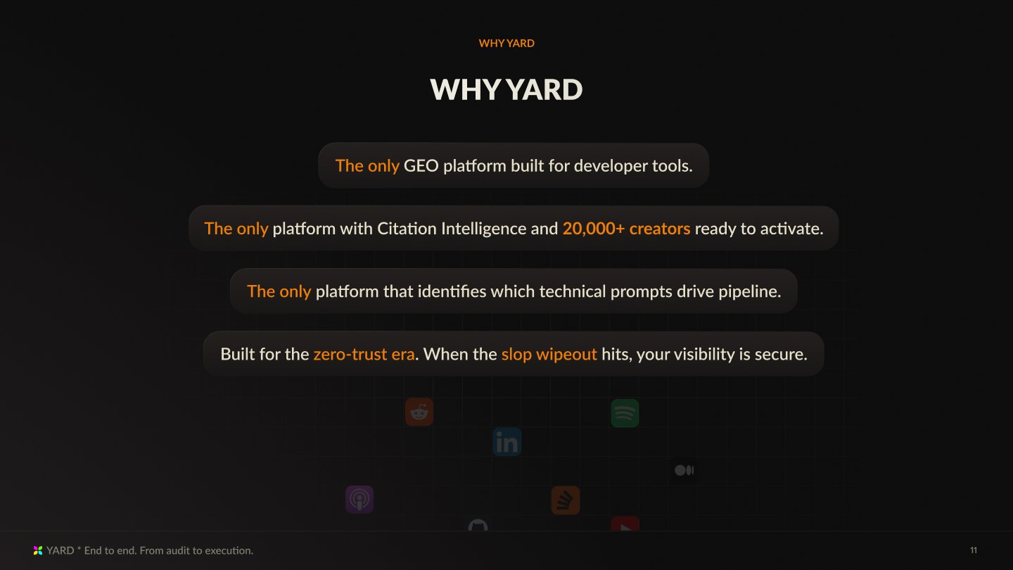 YardGEO slide: why Yard, the only GEO platform built for developer tools